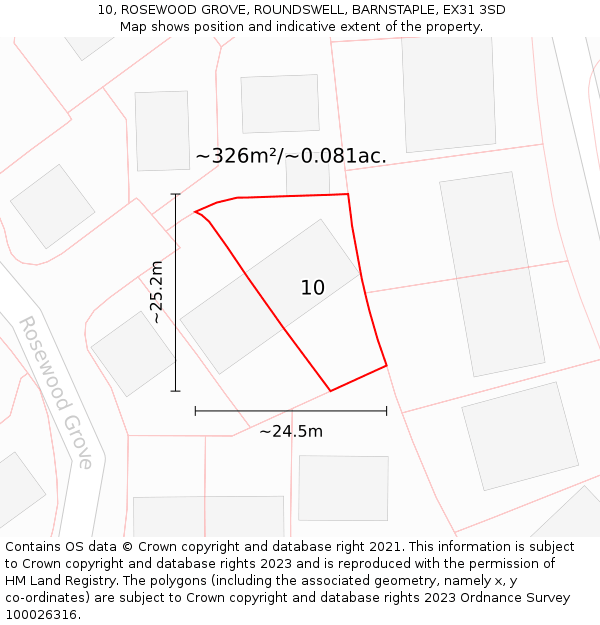 10, ROSEWOOD GROVE, ROUNDSWELL, BARNSTAPLE, EX31 3SD: Plot and title map