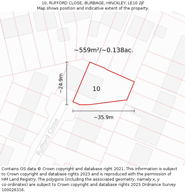 10, RUFFORD CLOSE, BURBAGE, HINCKLEY, LE10 2JF: Plot and title map