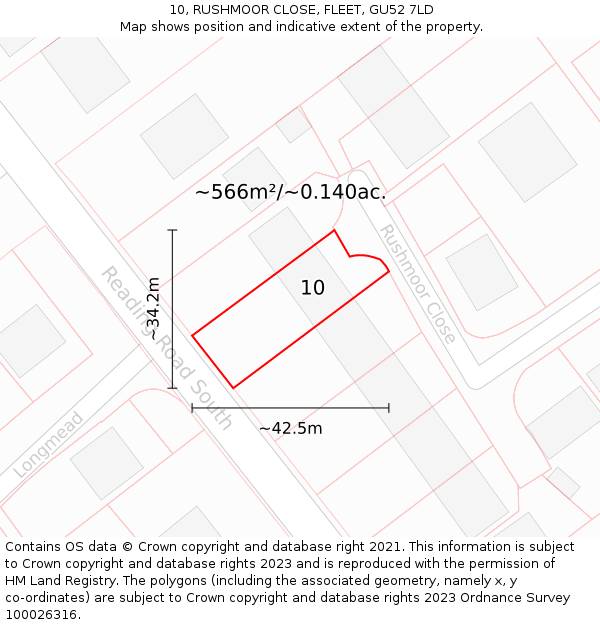 10, RUSHMOOR CLOSE, FLEET, GU52 7LD: Plot and title map