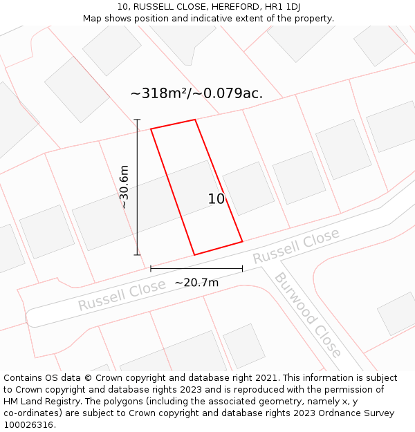 10, RUSSELL CLOSE, HEREFORD, HR1 1DJ: Plot and title map