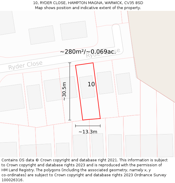 10, RYDER CLOSE, HAMPTON MAGNA, WARWICK, CV35 8SD: Plot and title map