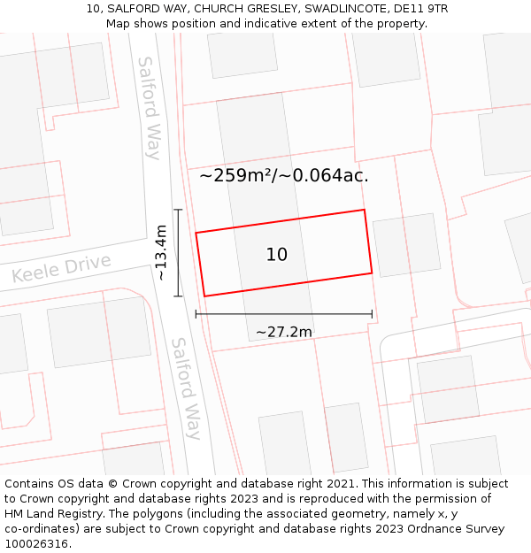 10, SALFORD WAY, CHURCH GRESLEY, SWADLINCOTE, DE11 9TR: Plot and title map
