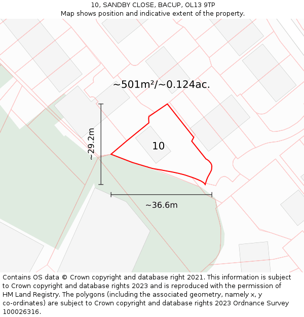 10, SANDBY CLOSE, BACUP, OL13 9TP: Plot and title map
