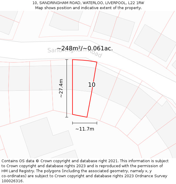 10, SANDRINGHAM ROAD, WATERLOO, LIVERPOOL, L22 1RW: Plot and title map