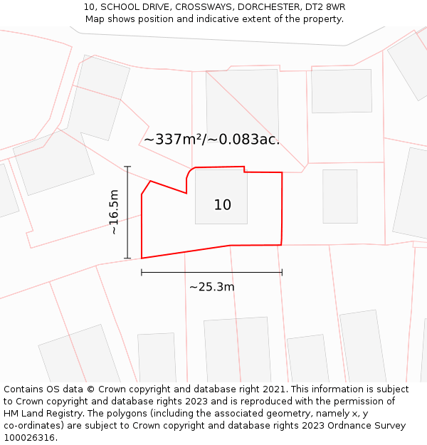 10, SCHOOL DRIVE, CROSSWAYS, DORCHESTER, DT2 8WR: Plot and title map