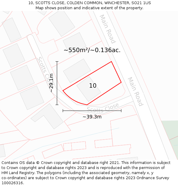 10, SCOTTS CLOSE, COLDEN COMMON, WINCHESTER, SO21 1US: Plot and title map