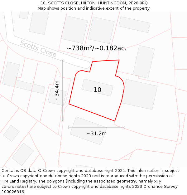 10, SCOTTS CLOSE, HILTON, HUNTINGDON, PE28 9PQ: Plot and title map