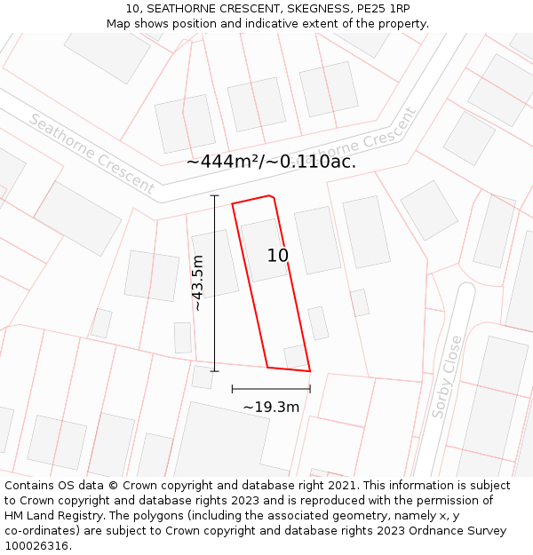 10, SEATHORNE CRESCENT, SKEGNESS, PE25 1RP: Plot and title map