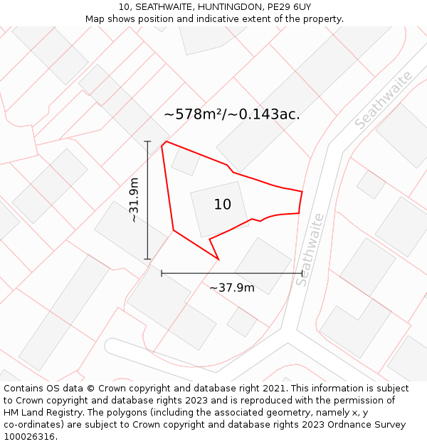 10, SEATHWAITE, HUNTINGDON, PE29 6UY: Plot and title map