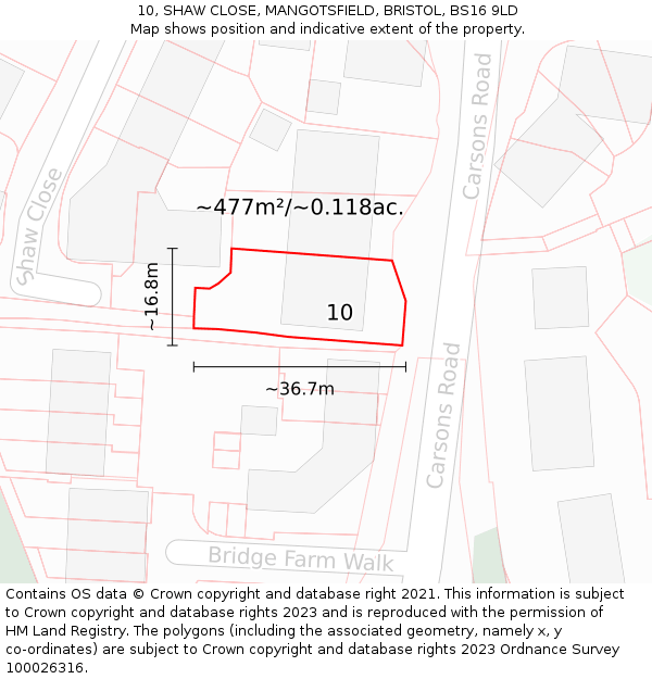 10, SHAW CLOSE, MANGOTSFIELD, BRISTOL, BS16 9LD: Plot and title map