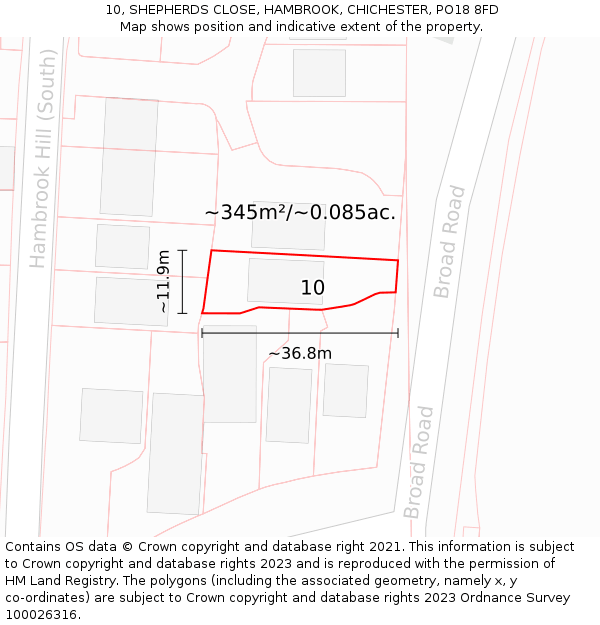 10, SHEPHERDS CLOSE, HAMBROOK, CHICHESTER, PO18 8FD: Plot and title map