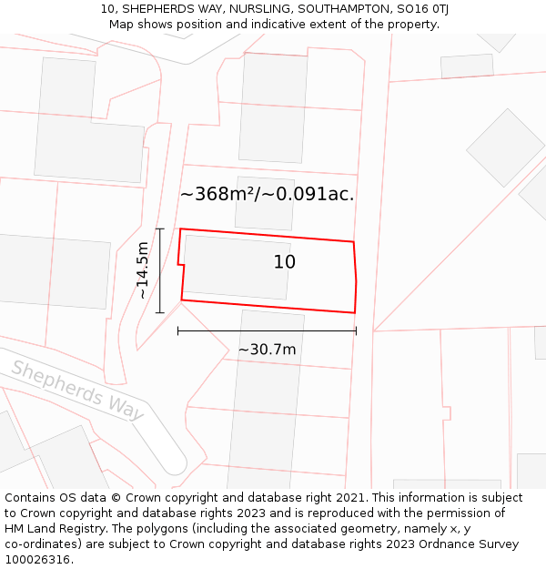 10, SHEPHERDS WAY, NURSLING, SOUTHAMPTON, SO16 0TJ: Plot and title map