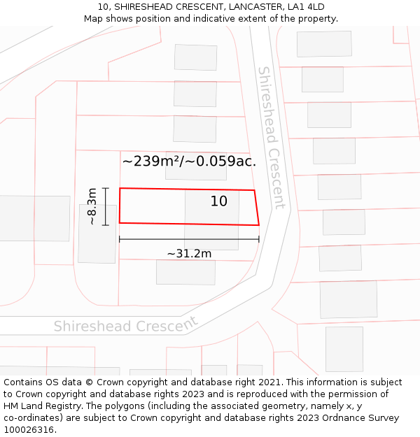 10, SHIRESHEAD CRESCENT, LANCASTER, LA1 4LD: Plot and title map