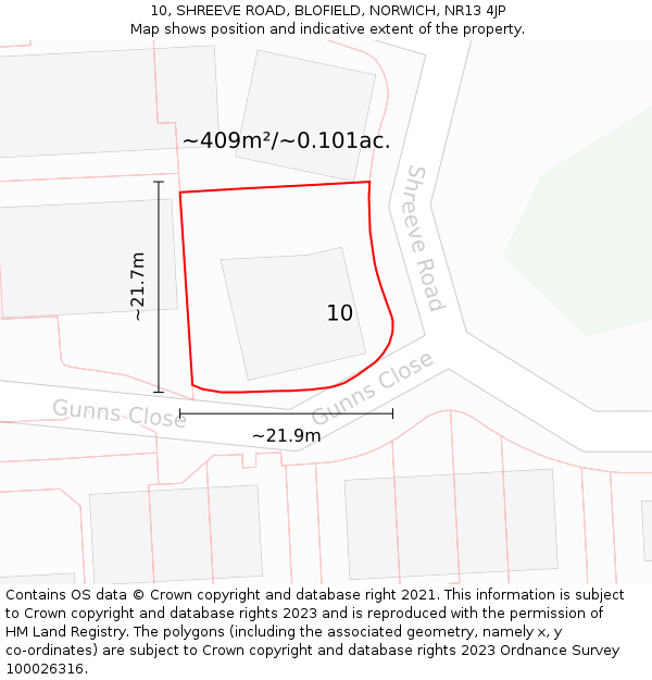 10, SHREEVE ROAD, BLOFIELD, NORWICH, NR13 4JP: Plot and title map