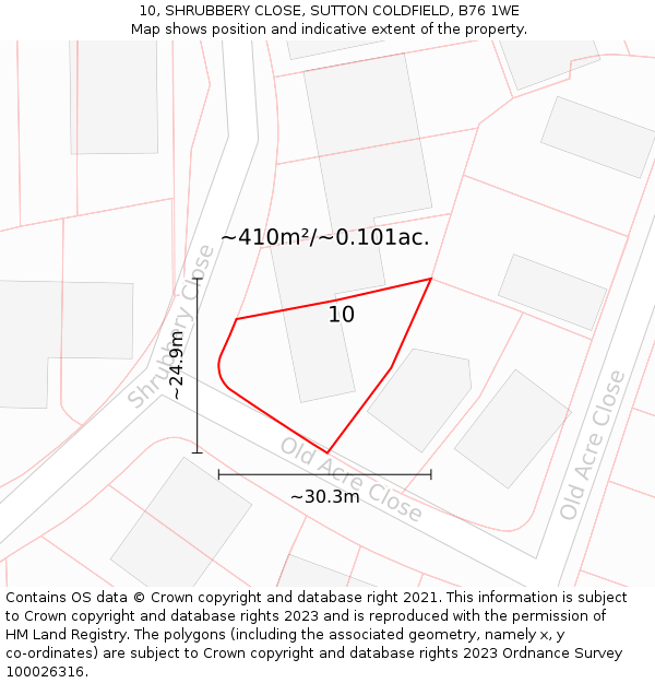 10, SHRUBBERY CLOSE, SUTTON COLDFIELD, B76 1WE: Plot and title map