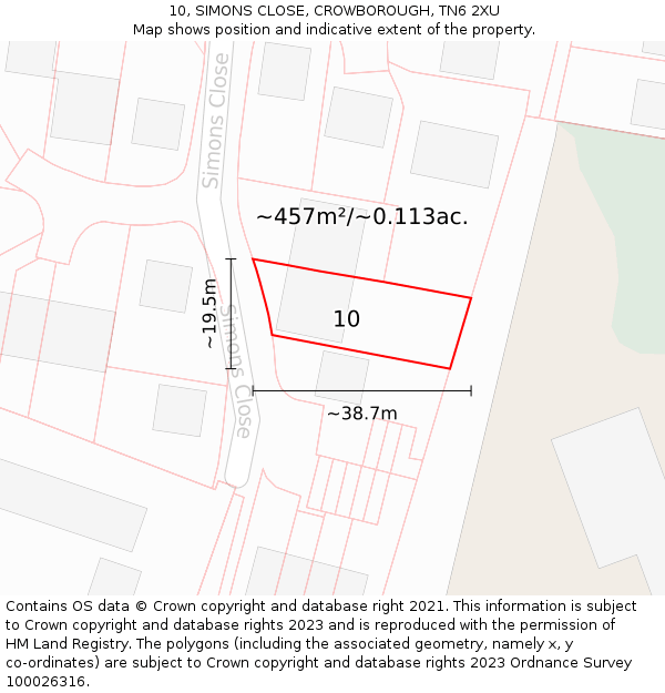 10, SIMONS CLOSE, CROWBOROUGH, TN6 2XU: Plot and title map