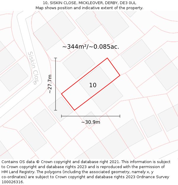 10, SISKIN CLOSE, MICKLEOVER, DERBY, DE3 0UL: Plot and title map