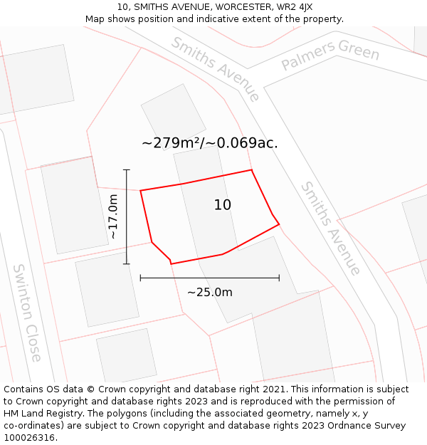10, SMITHS AVENUE, WORCESTER, WR2 4JX: Plot and title map