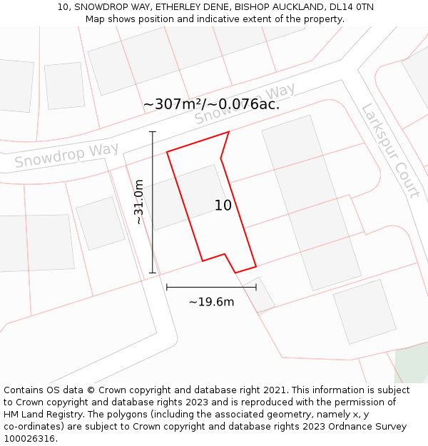 10, SNOWDROP WAY, ETHERLEY DENE, BISHOP AUCKLAND, DL14 0TN: Plot and title map