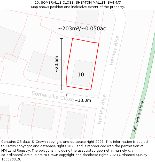 10, SOMERVILLE CLOSE, SHEPTON MALLET, BA4 4AT: Plot and title map