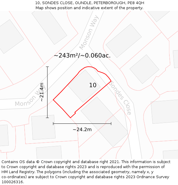 10, SONDES CLOSE, OUNDLE, PETERBOROUGH, PE8 4QH: Plot and title map