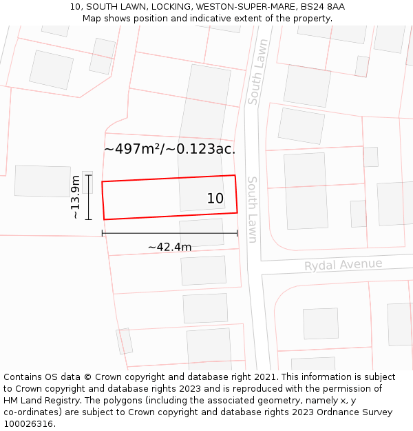 10, SOUTH LAWN, LOCKING, WESTON-SUPER-MARE, BS24 8AA: Plot and title map
