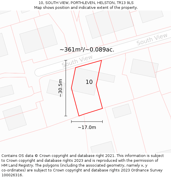 10, SOUTH VIEW, PORTHLEVEN, HELSTON, TR13 9LS: Plot and title map