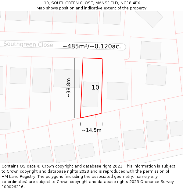 10, SOUTHGREEN CLOSE, MANSFIELD, NG18 4PX: Plot and title map