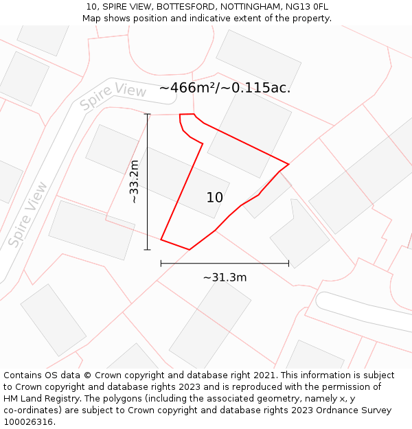 10, SPIRE VIEW, BOTTESFORD, NOTTINGHAM, NG13 0FL: Plot and title map