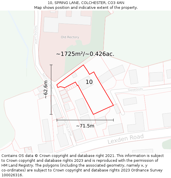 10, SPRING LANE, COLCHESTER, CO3 4AN: Plot and title map