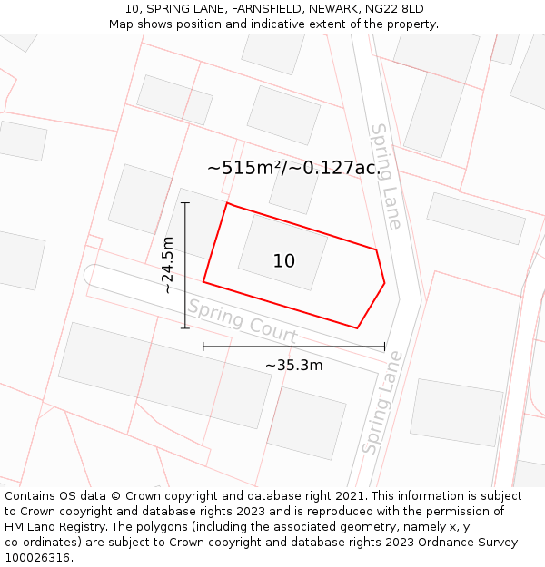 10, SPRING LANE, FARNSFIELD, NEWARK, NG22 8LD: Plot and title map