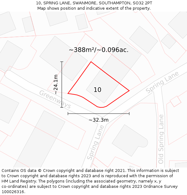 10, SPRING LANE, SWANMORE, SOUTHAMPTON, SO32 2PT: Plot and title map