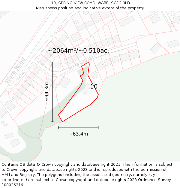 10, SPRING VIEW ROAD, WARE, SG12 9LB: Plot and title map