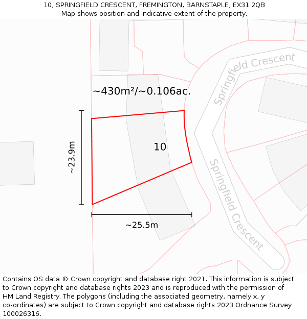 10, SPRINGFIELD CRESCENT, FREMINGTON, BARNSTAPLE, EX31 2QB: Plot and title map