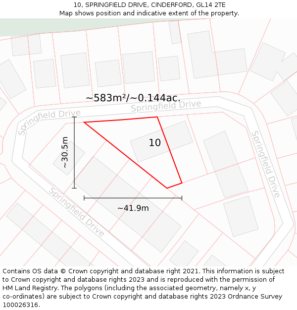 10, SPRINGFIELD DRIVE, CINDERFORD, GL14 2TE: Plot and title map