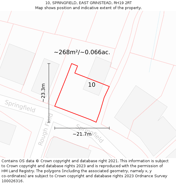 10, SPRINGFIELD, EAST GRINSTEAD, RH19 2RT: Plot and title map