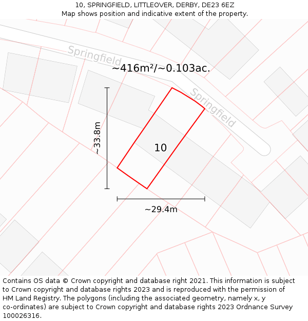 10, SPRINGFIELD, LITTLEOVER, DERBY, DE23 6EZ: Plot and title map