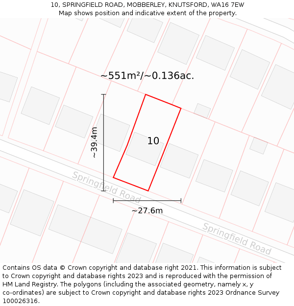 10, SPRINGFIELD ROAD, MOBBERLEY, KNUTSFORD, WA16 7EW: Plot and title map