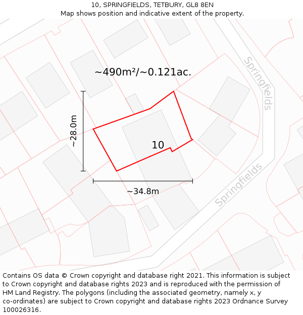 10, SPRINGFIELDS, TETBURY, GL8 8EN: Plot and title map