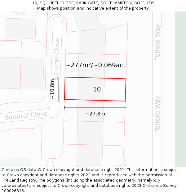 10, SQUIRREL CLOSE, PARK GATE, SOUTHAMPTON, SO31 1DS: Plot and title map