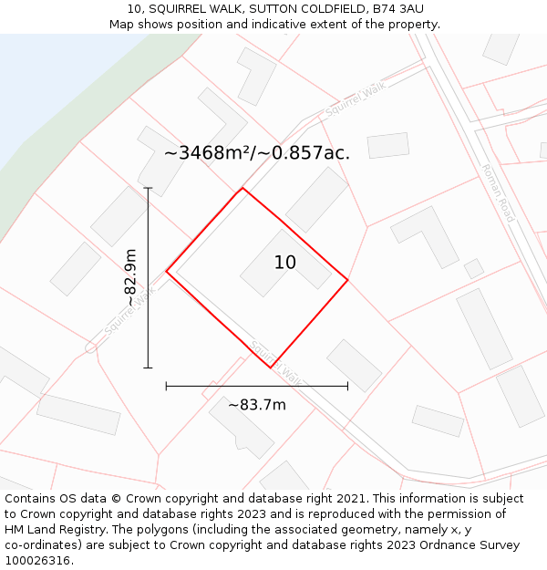 10, SQUIRREL WALK, SUTTON COLDFIELD, B74 3AU: Plot and title map