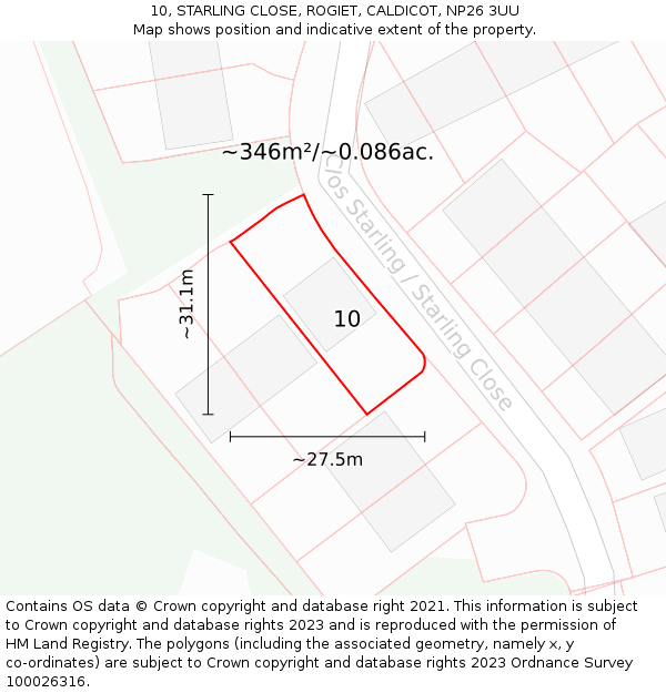10, STARLING CLOSE, ROGIET, CALDICOT, NP26 3UU: Plot and title map