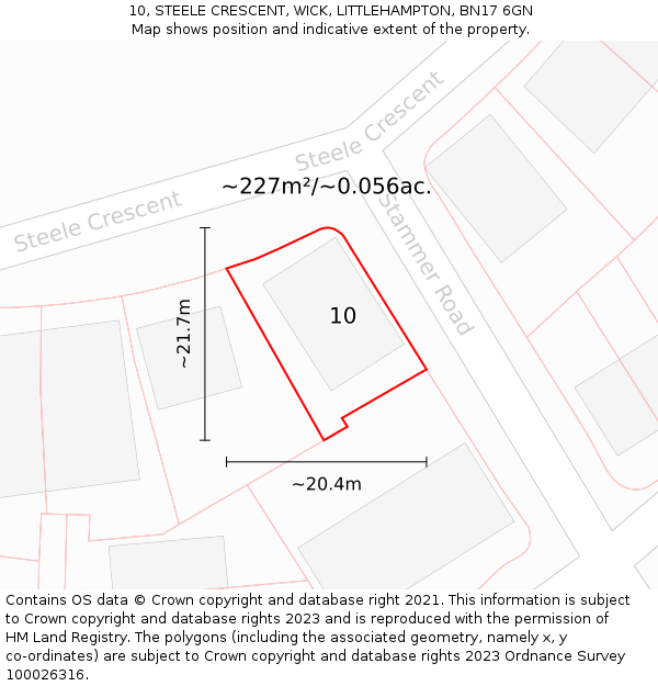10, STEELE CRESCENT, WICK, LITTLEHAMPTON, BN17 6GN: Plot and title map