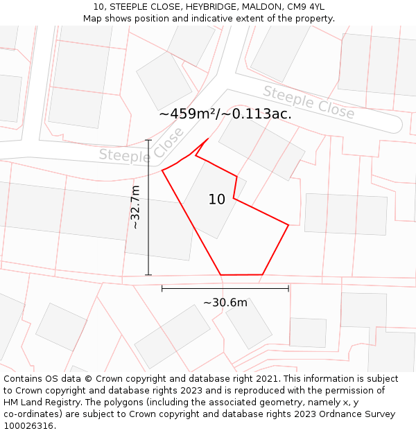 10, STEEPLE CLOSE, HEYBRIDGE, MALDON, CM9 4YL: Plot and title map
