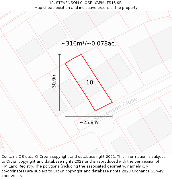 10, STEVENSON CLOSE, YARM, TS15 9RL: Plot and title map