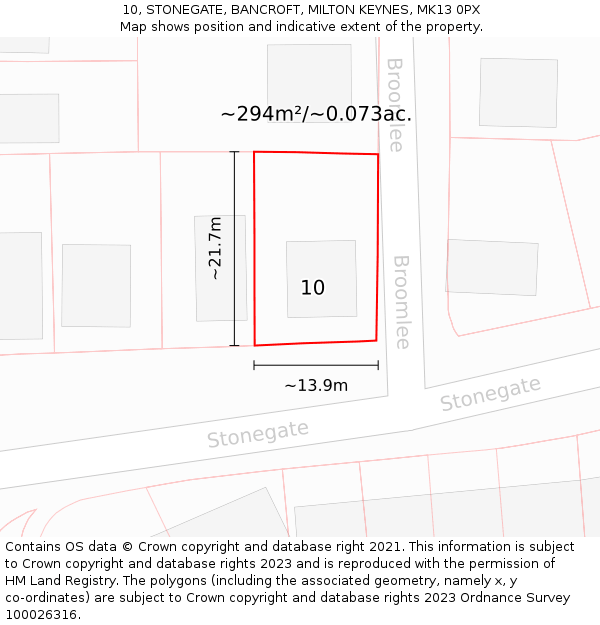10, STONEGATE, BANCROFT, MILTON KEYNES, MK13 0PX: Plot and title map