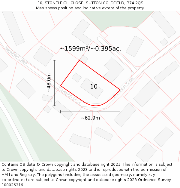 10, STONELEIGH CLOSE, SUTTON COLDFIELD, B74 2QS: Plot and title map
