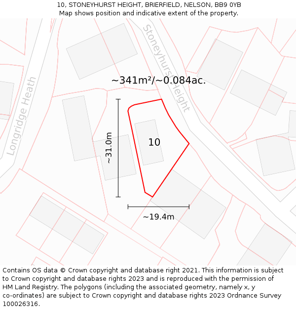 10, STONEYHURST HEIGHT, BRIERFIELD, NELSON, BB9 0YB: Plot and title map