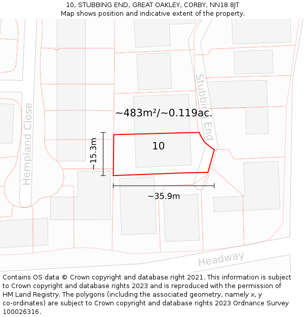 10, STUBBING END, GREAT OAKLEY, CORBY, NN18 8JT: Plot and title map