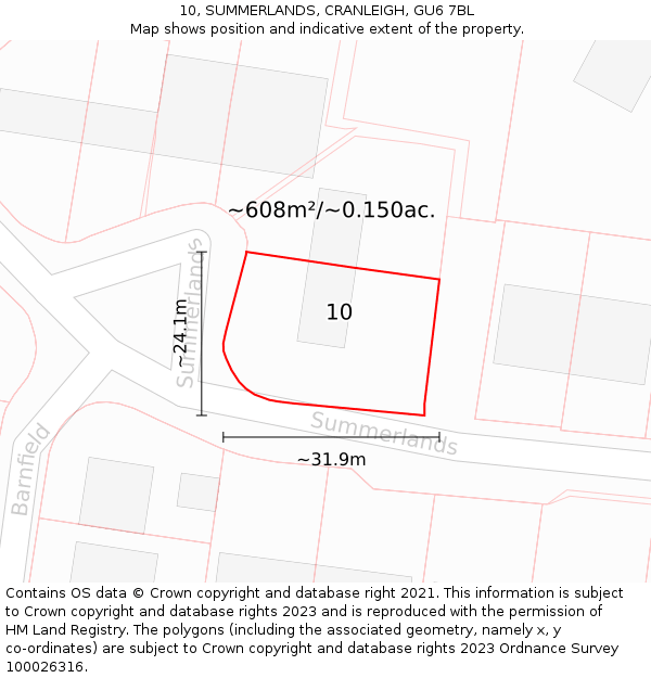 10, SUMMERLANDS, CRANLEIGH, GU6 7BL: Plot and title map